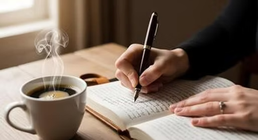 Pessoa escrevendo em um caderno ao lado de uma xícara de café